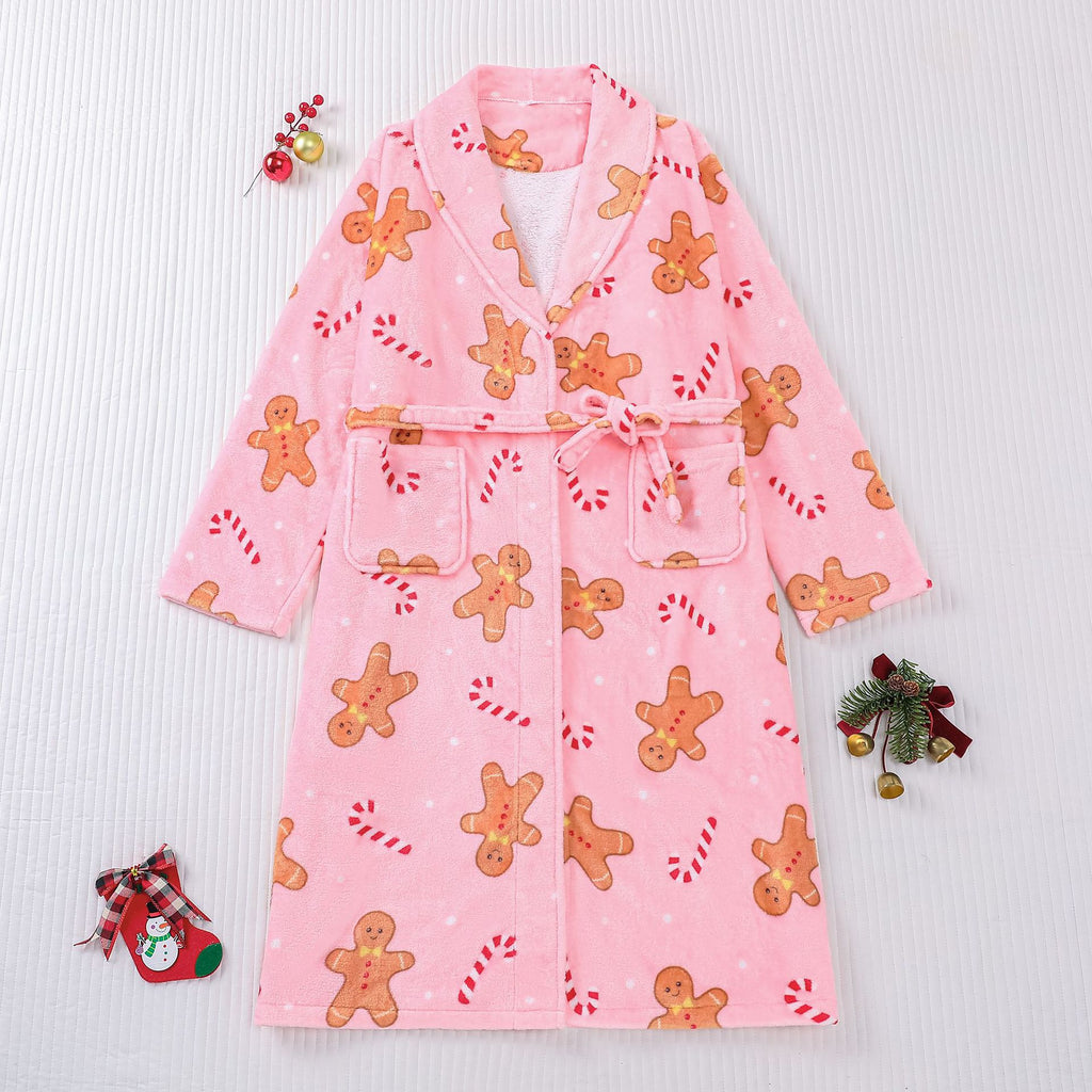 Gingerbread Candy Cane Plush Christmas Robe - Pink