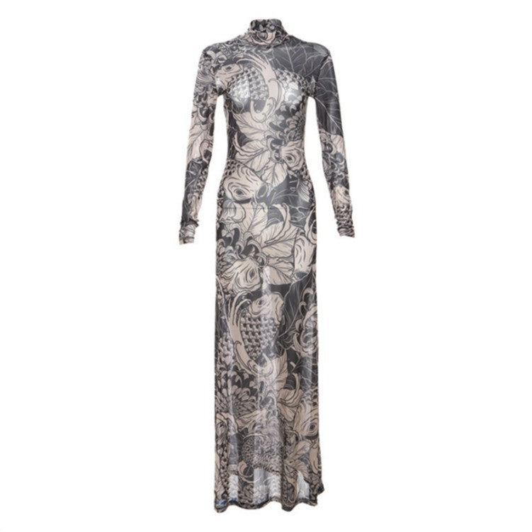 Baroque Koi Mock Neck Mesh Maxi Dress - Khaki