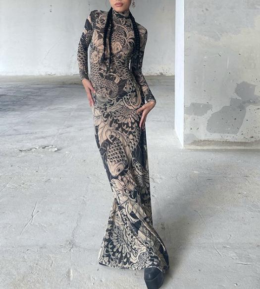 Baroque Koi Mock Neck Mesh Maxi Dress - Khaki - 1