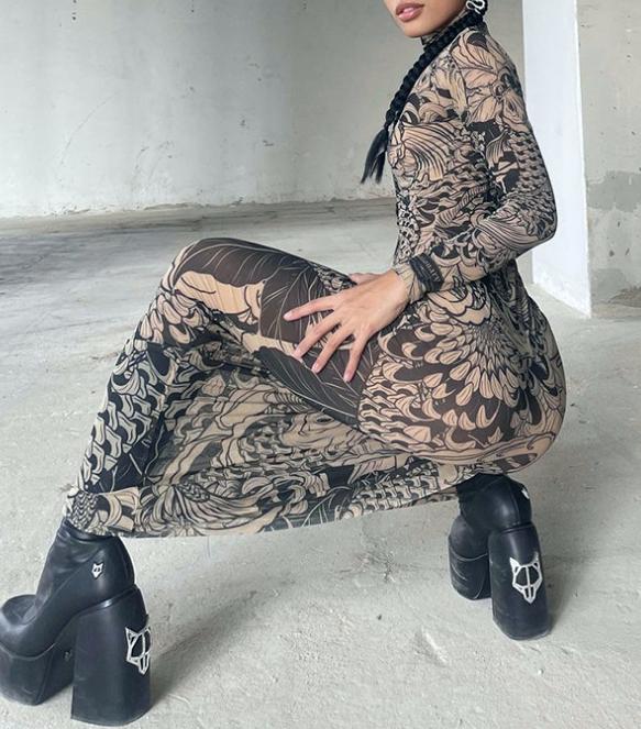 Baroque Koi Mock Neck Mesh Maxi Dress - Khaki - 2
