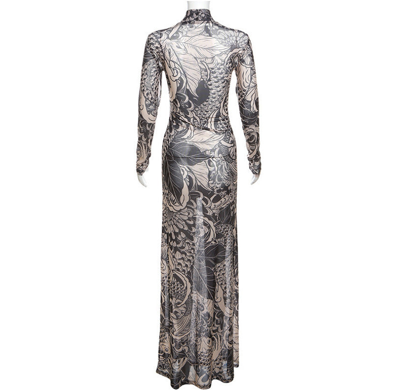 Baroque Koi Mock Neck Mesh Maxi Dress - Khaki - 4
