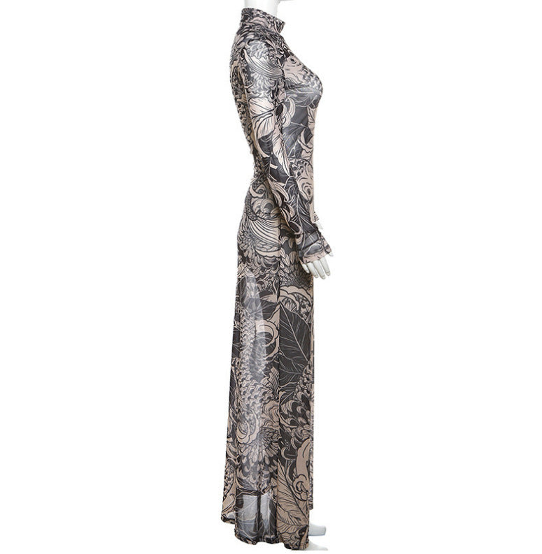 Baroque Koi Mock Neck Mesh Maxi Dress - Khaki - 5