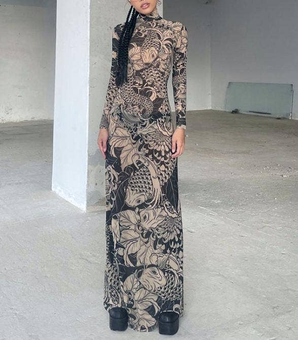 Baroque Koi Mock Neck Mesh Maxi Dress