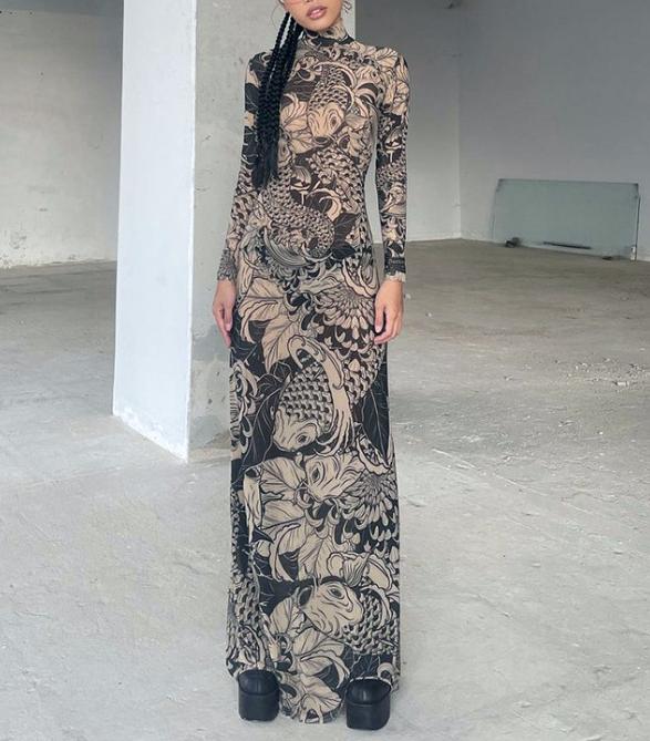 Baroque Koi Mock Neck Mesh Maxi Dress - view 1