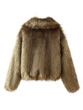 Cropped Faux Fur Collared Zip Jacket - Khaki