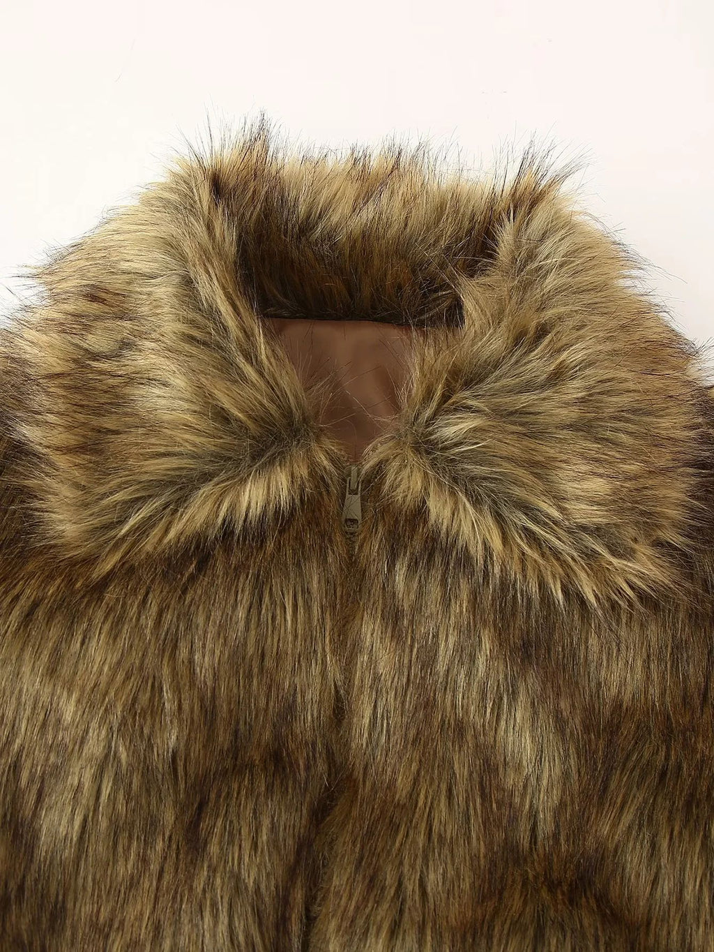 Cropped Faux Fur Collared Zip Jacket - Khaki - 1