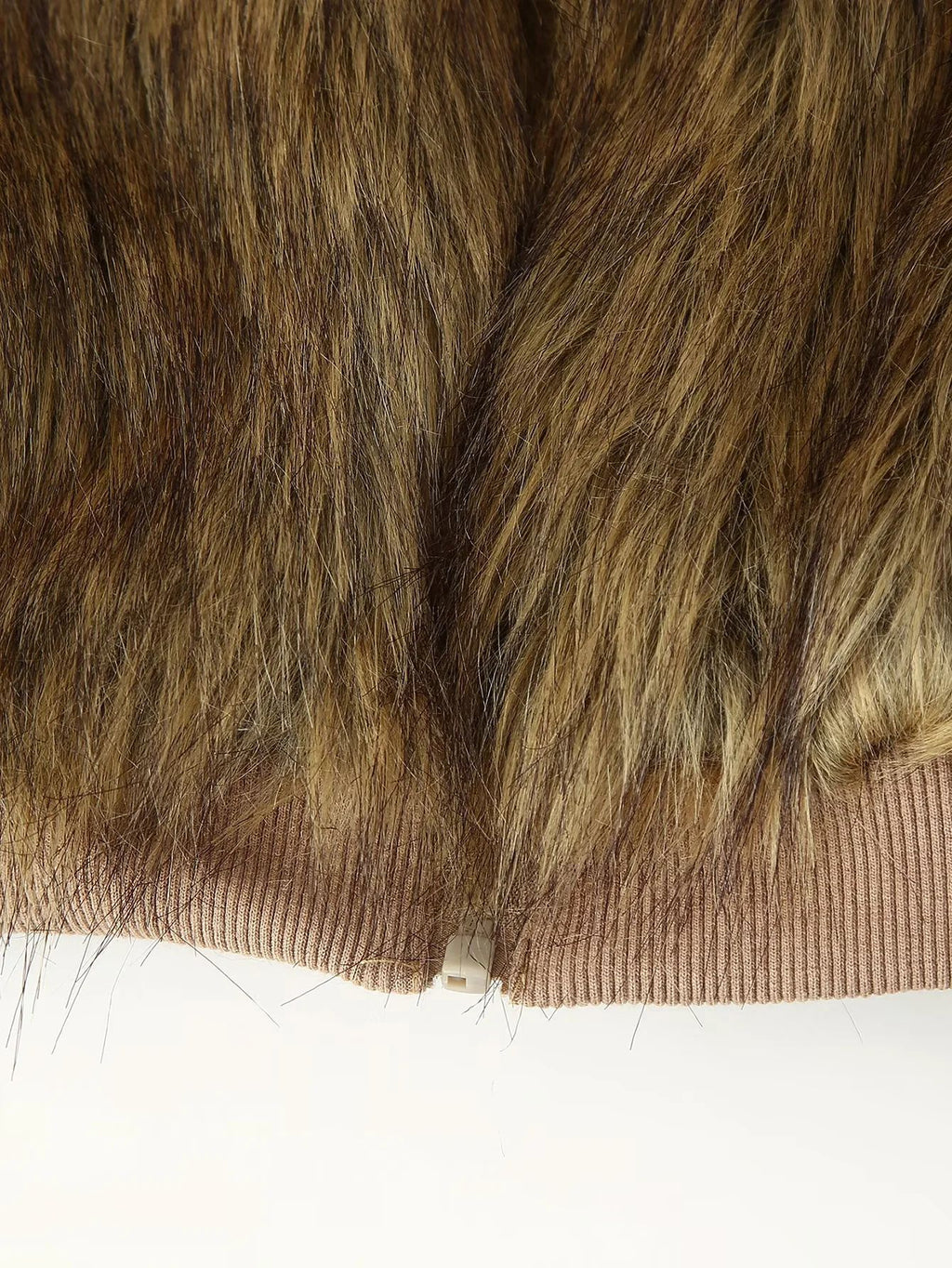 Cropped Faux Fur Collared Zip Jacket - Khaki - 3