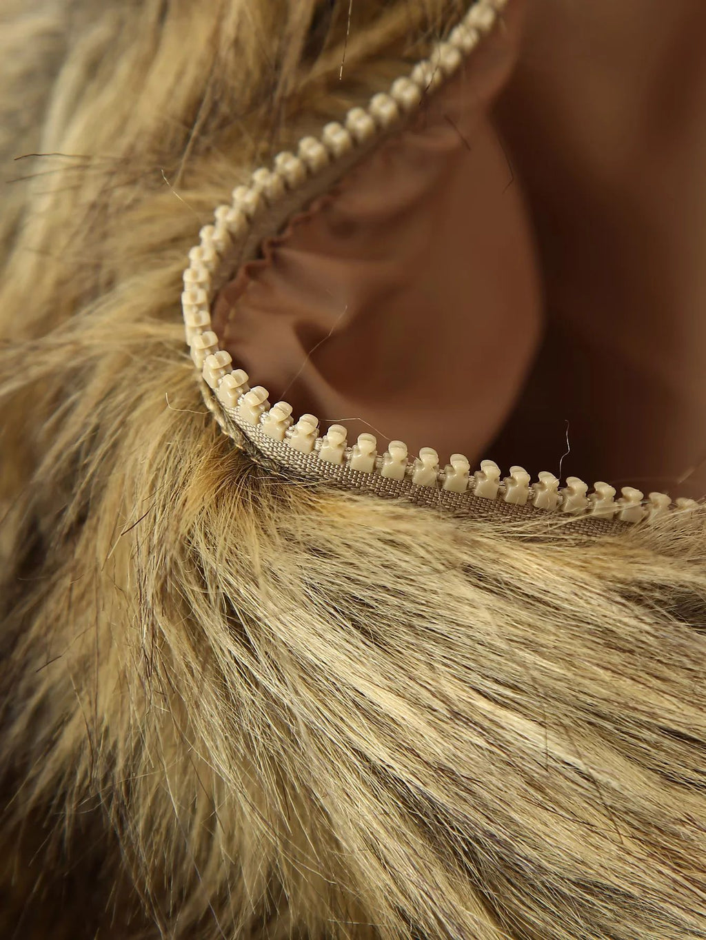 Cropped Faux Fur Collared Zip Jacket - Khaki - 6