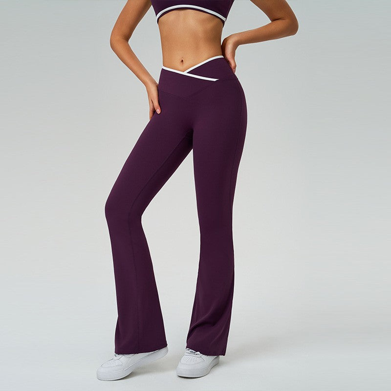 Crossover Waist Contrast Trim Flare Yoga Leggings - Grape