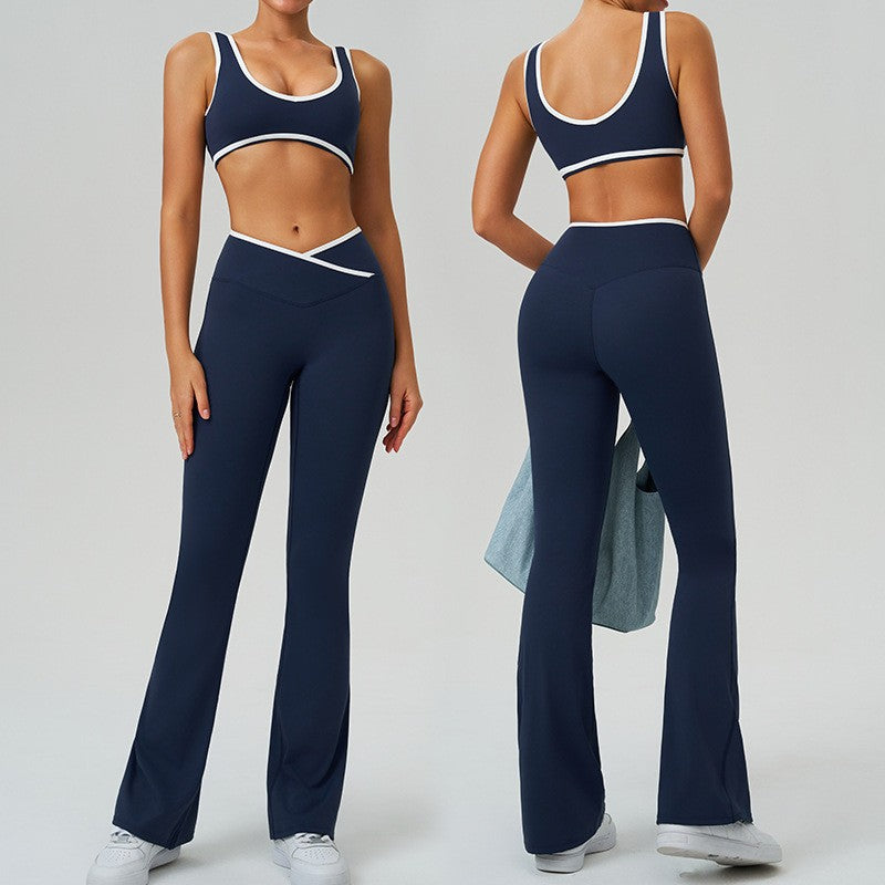 Crossover Waist Contrast Trim Flare Yoga Leggings