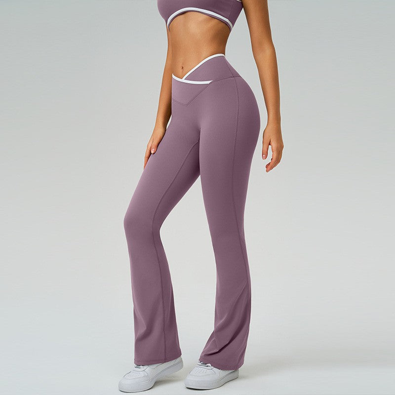 Crossover Waist Contrast Trim Flare Yoga Leggings