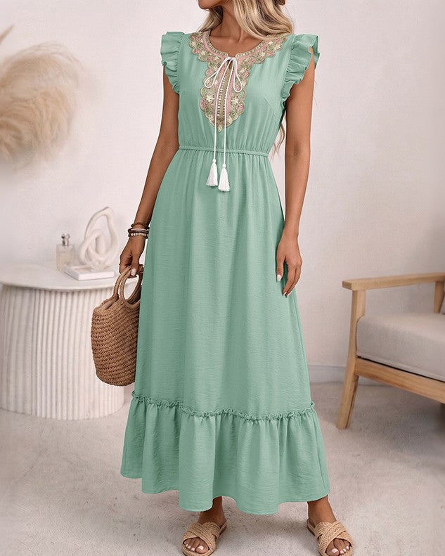 Embroidered Neckline Ruffle Tiered Maxi Dress - Green