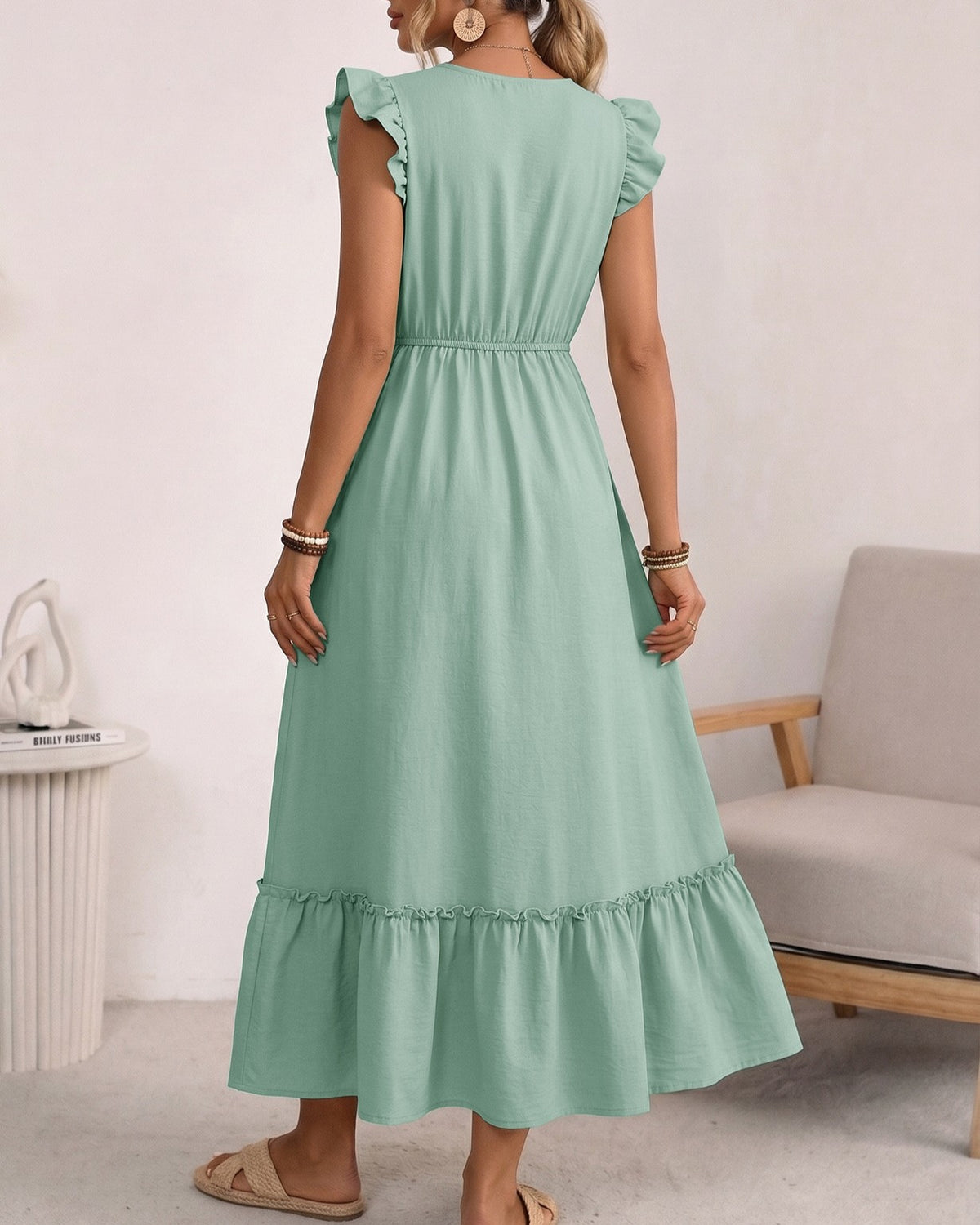 Embroidered Neckline Ruffle Tiered Maxi Dress - Green - 1