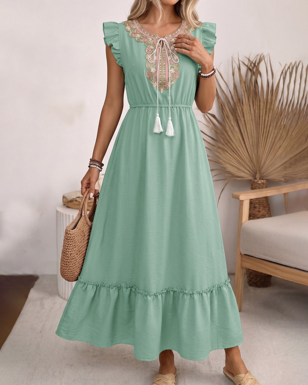 Embroidered Neckline Ruffle Tiered Maxi Dress - Green - 3