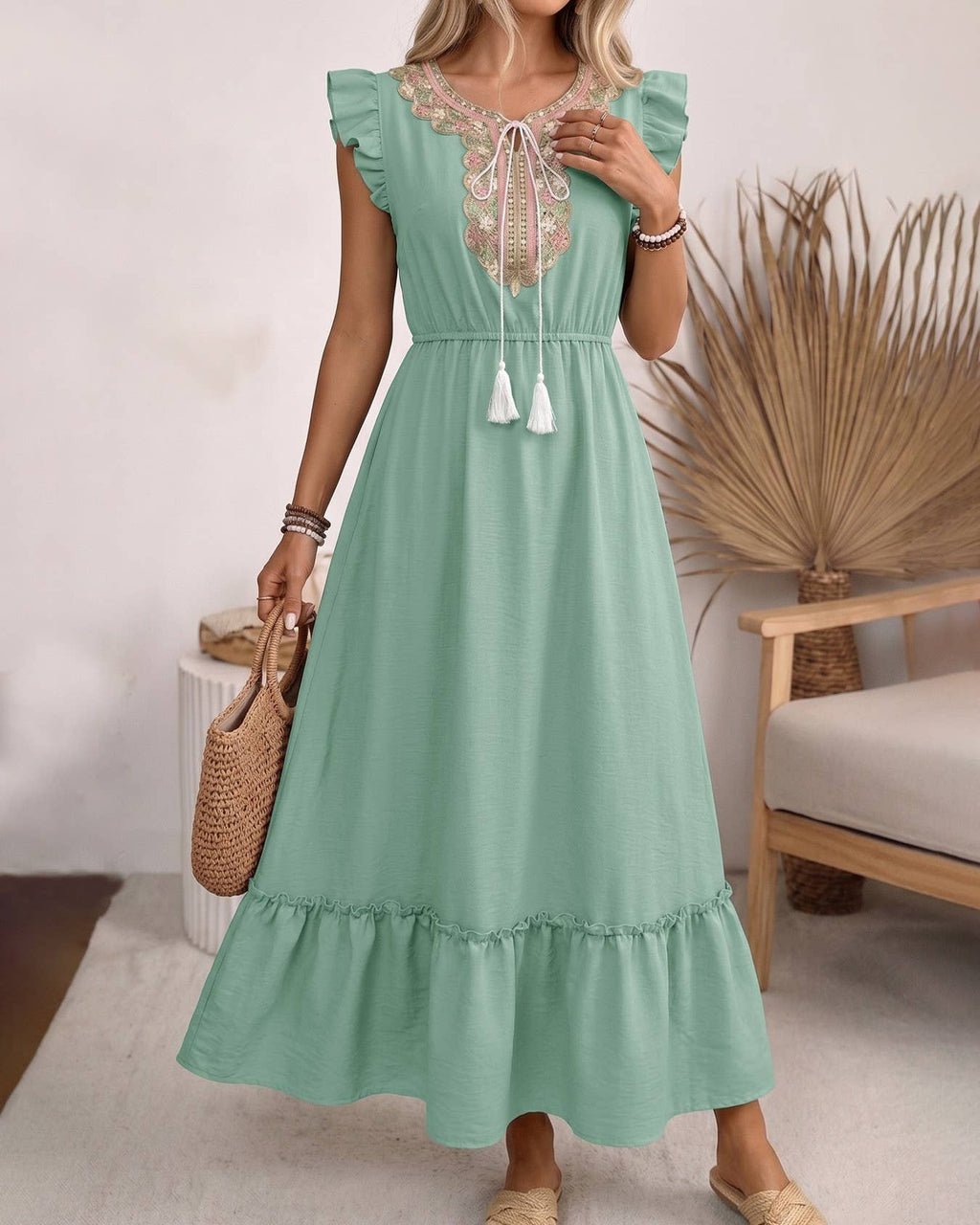 Embroidered Neckline Ruffle Tiered Maxi Dress