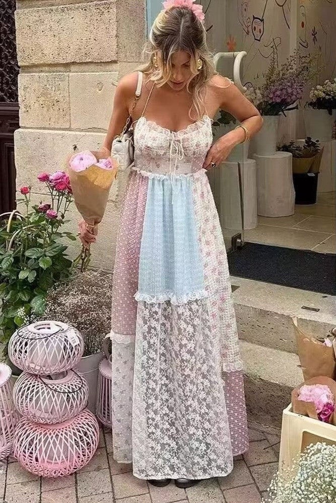 Patchwork Lace Halter Maxi Dress - Floral