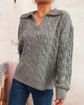Cable Knit Collared V-Neck Pullover Sweater - Gray