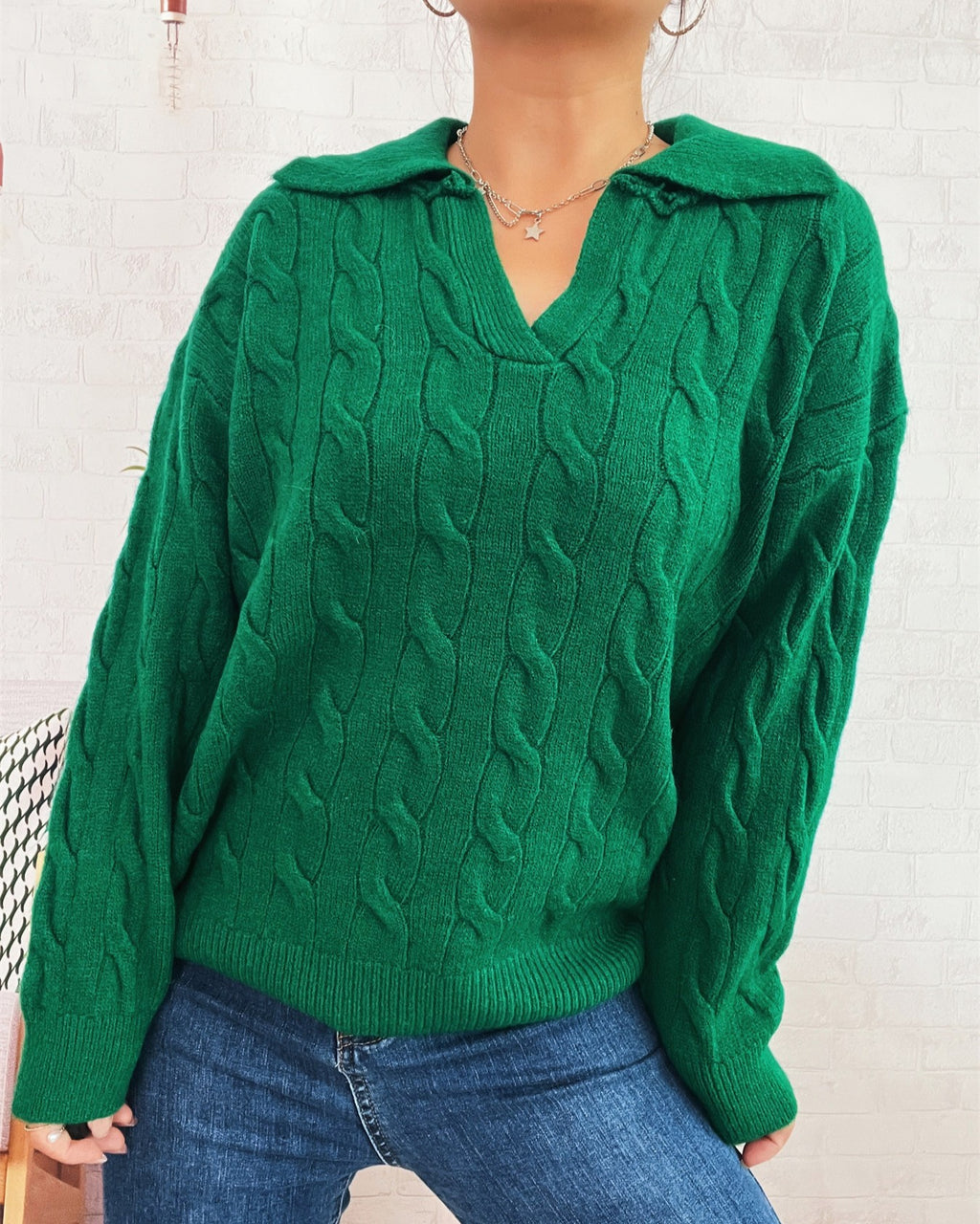 Cable Knit Collared V-Neck Pullover Sweater - Green