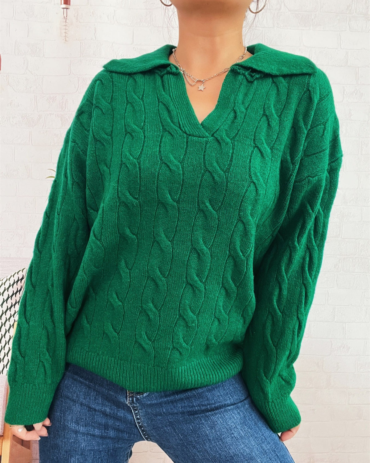 Cable Knit Collared V-Neck Pullover Sweater - Green