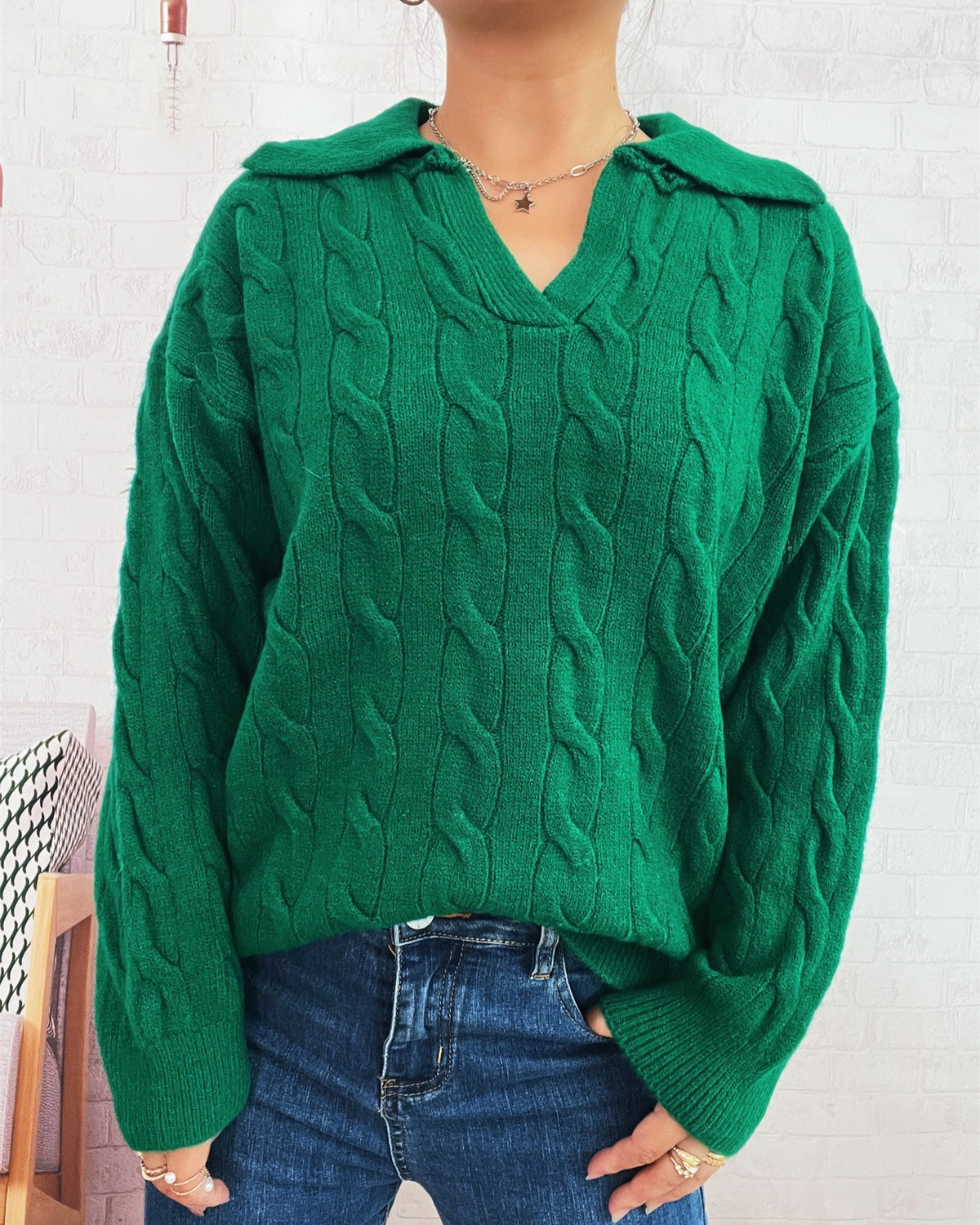 Cable Knit Collared V-Neck Pullover Sweater - Green - 1