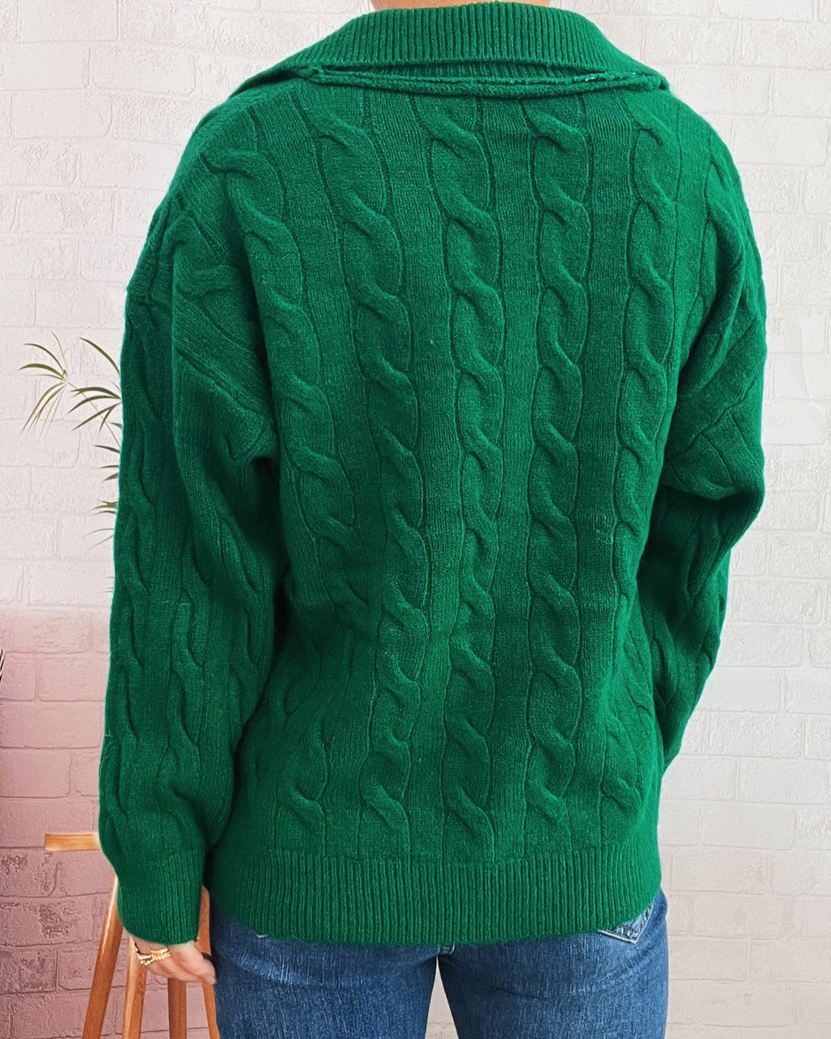 Cable Knit Collared V-Neck Pullover Sweater - Green - 2