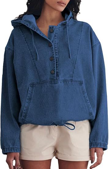 Washed Denim Kangaroo Pocket Pullover Hoodie - DarkBlue