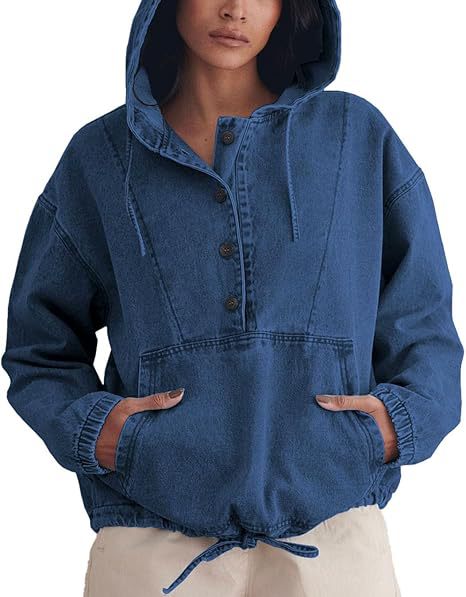 Washed Denim Kangaroo Pocket Pullover Hoodie - DarkBlue - 1