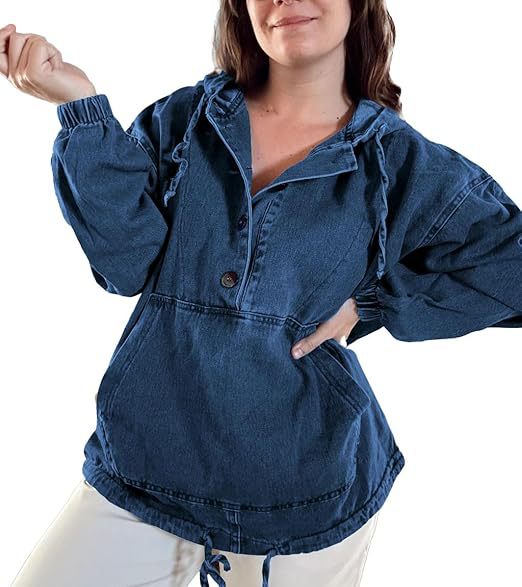Washed Denim Kangaroo Pocket Pullover Hoodie - DarkBlue - 2