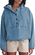 Washed Denim Kangaroo Pocket Pullover Hoodie - MIdiBlue