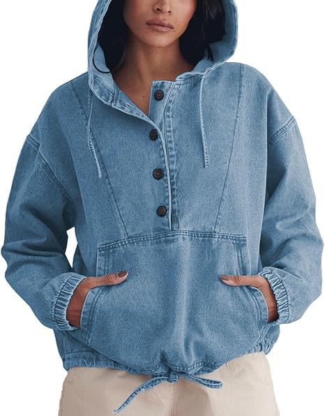 Washed Denim Kangaroo Pocket Pullover Hoodie - MIdiBlue - 2