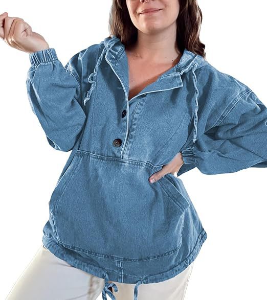 Washed Denim Kangaroo Pocket Pullover Hoodie - MIdiBlue - 3
