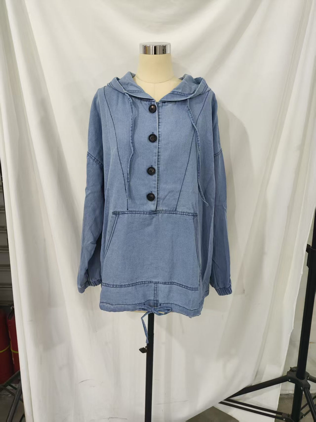 Washed Denim Kangaroo Pocket Pullover Hoodie