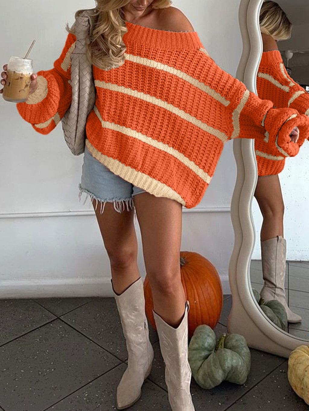Slouchy Wide Rib Stripe Boat Neck Sweater - Orange_A