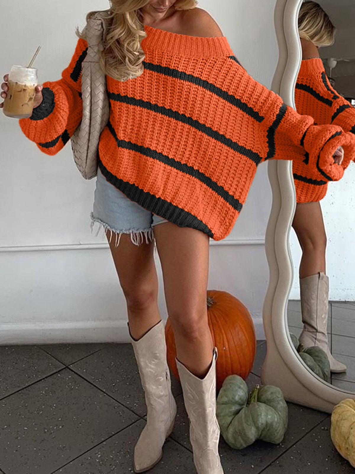 Slouchy Wide Rib Stripe Boat Neck Sweater - Orange_B