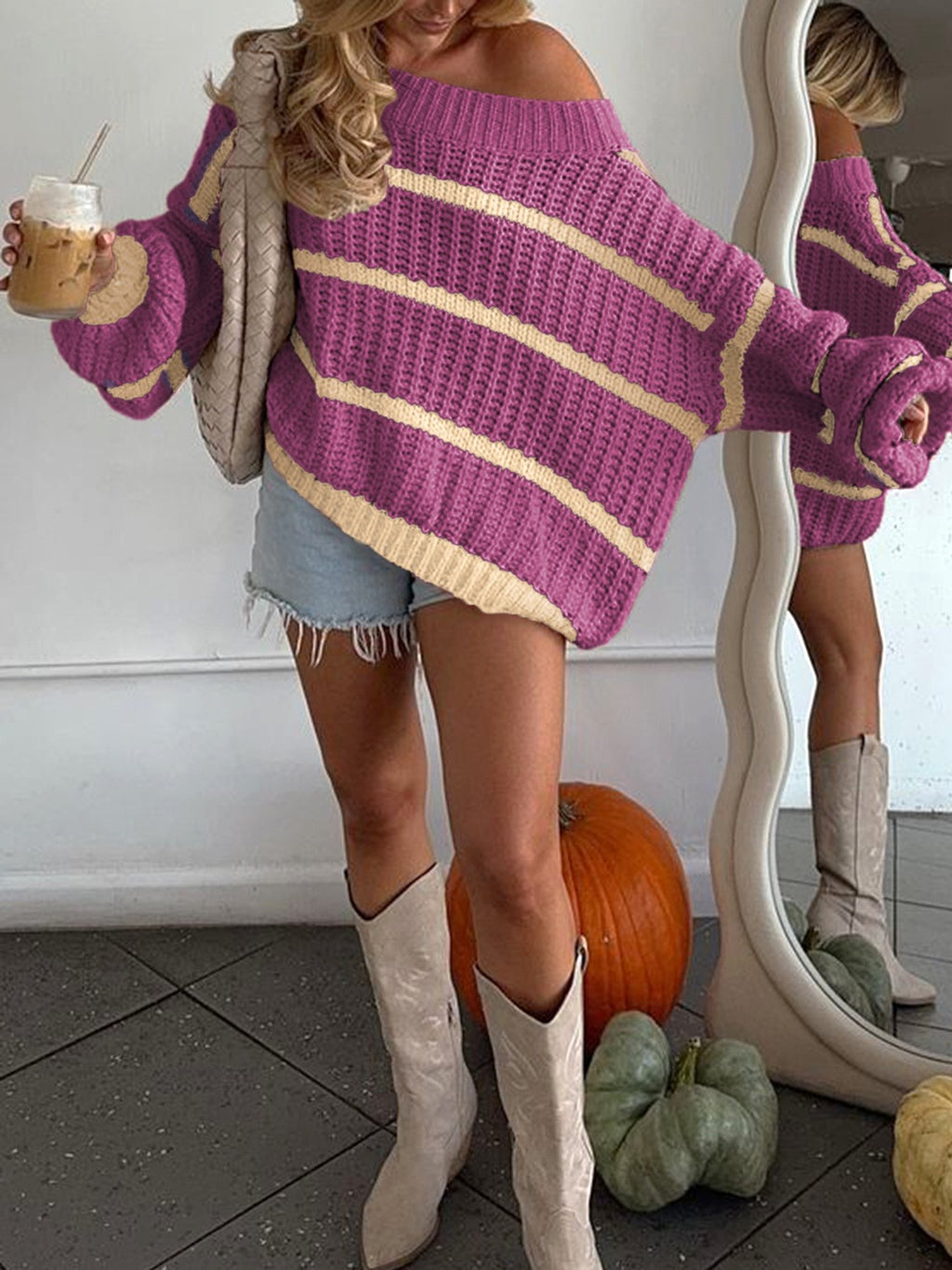 Slouchy Wide Rib Stripe Boat Neck Sweater - Purple