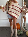 Slouchy Wide Rib Stripe Boat Neck Sweater - White_R