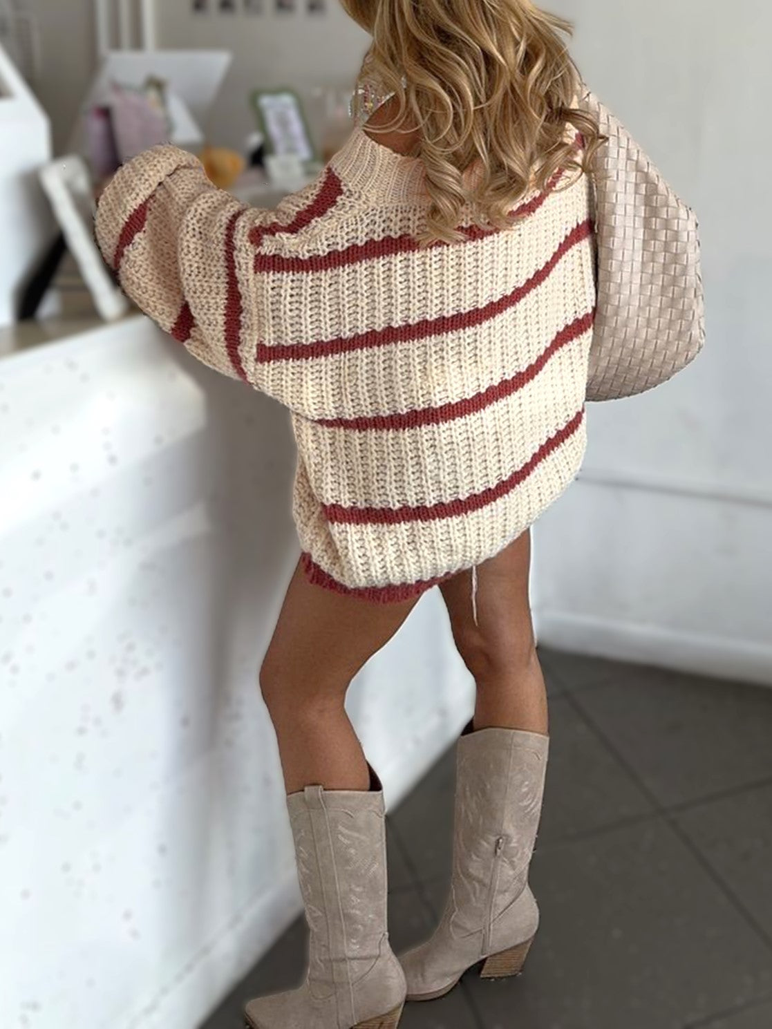 Slouchy Wide Rib Stripe Boat Neck Sweater - White_R - 1