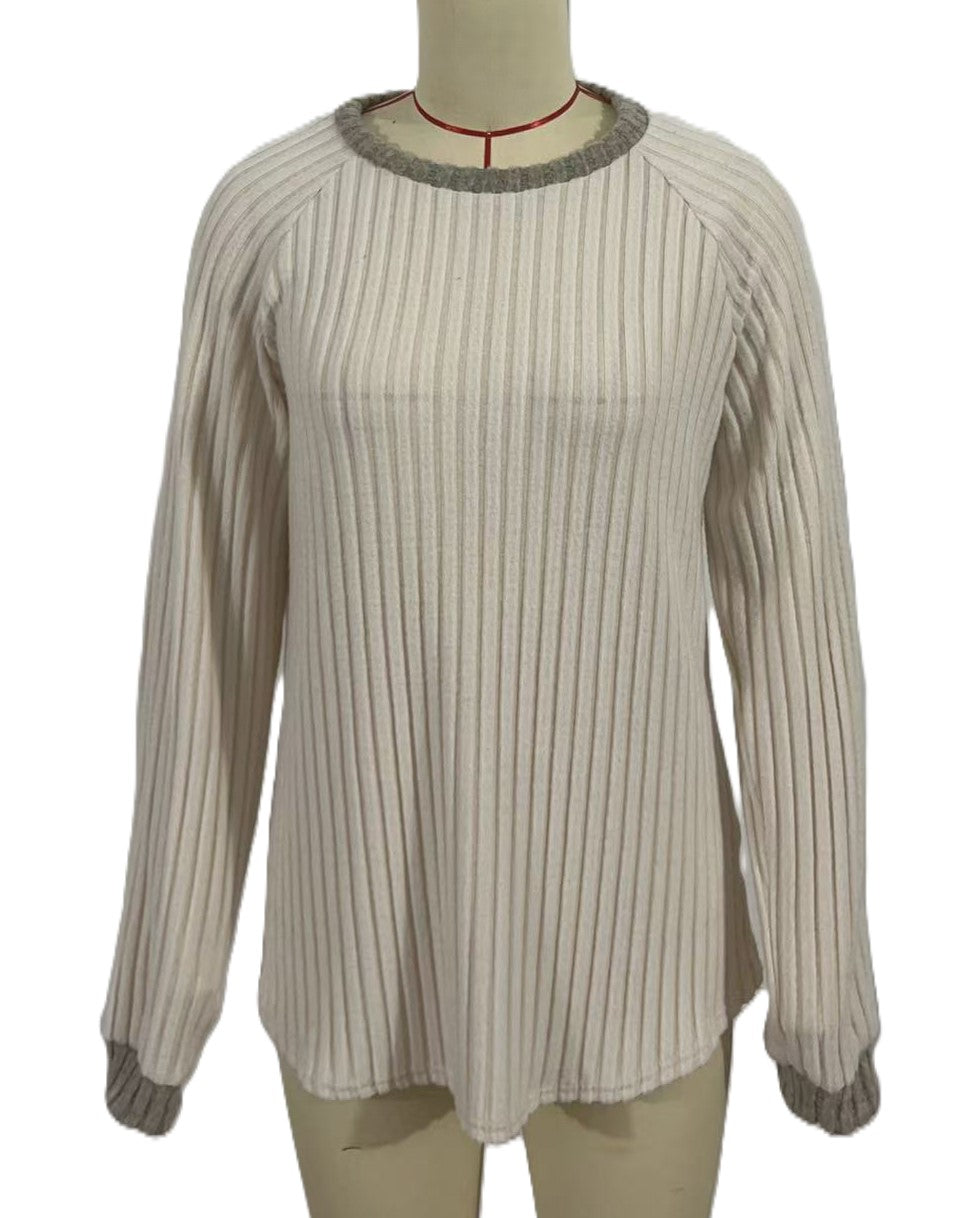 Contrast Ribbed Knit Long Sleeve Blouse - Apricot