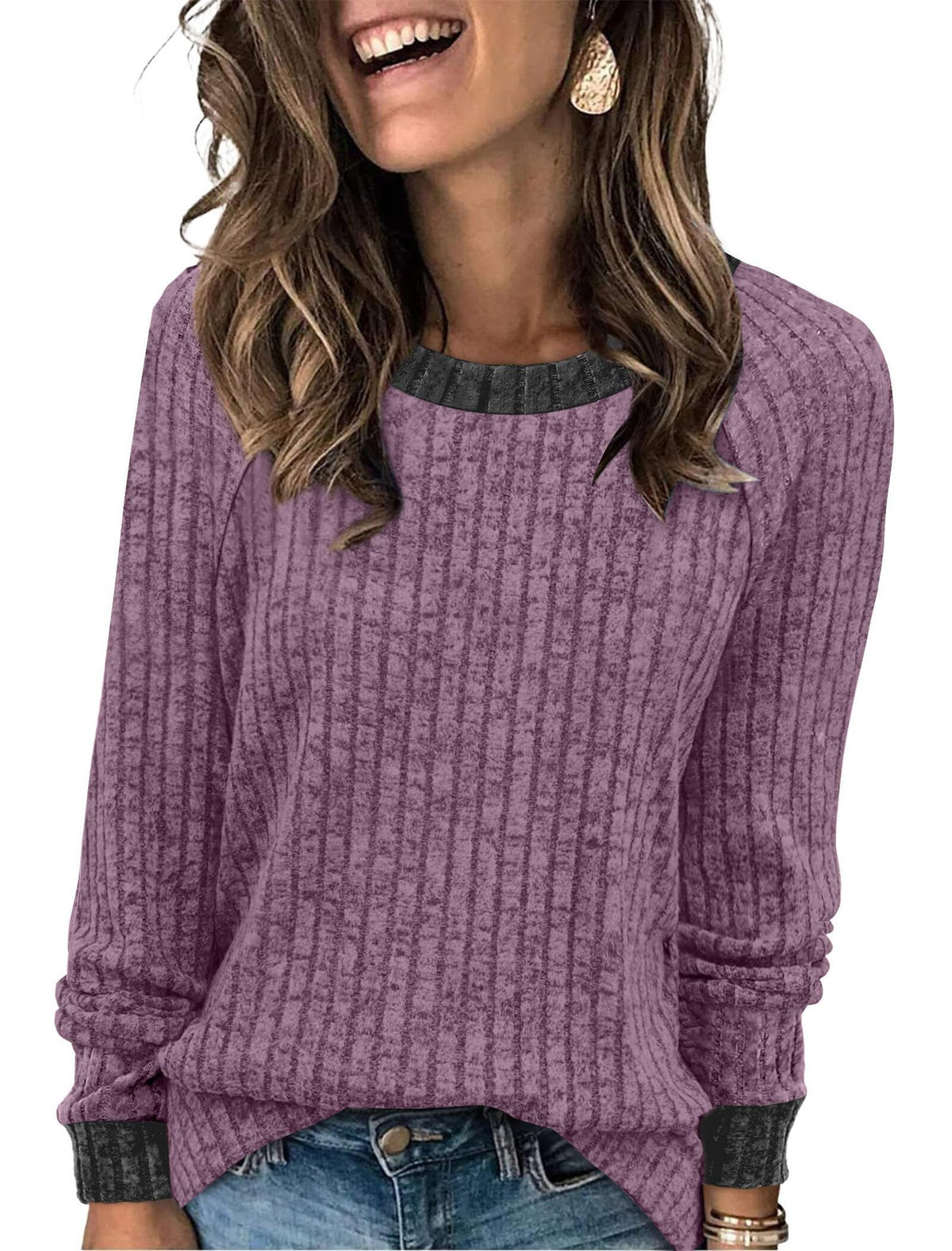 Contrast Ribbed Knit Long Sleeve Blouse - Purple