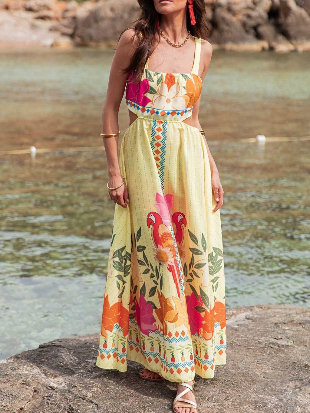 Bow Back Parrot Floral Maxi Sundress - Yellow