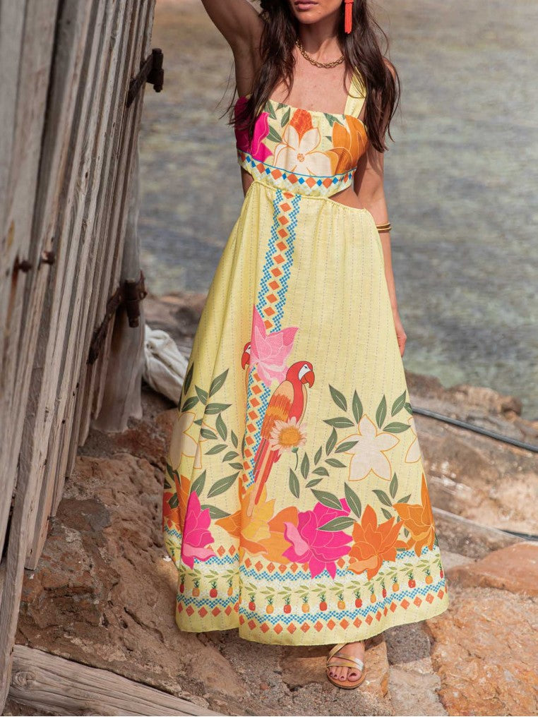 Bow Back Parrot Floral Maxi Sundress - Yellow - 1