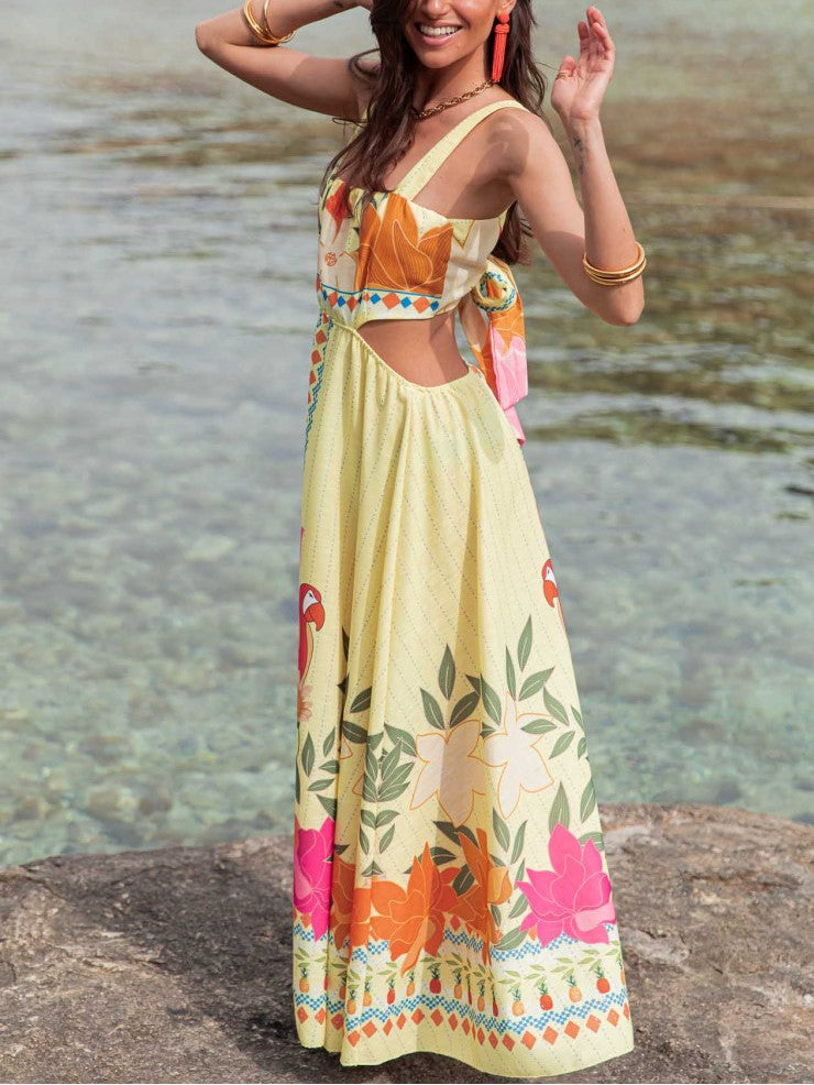 Bow Back Parrot Floral Maxi Sundress - Yellow - 3
