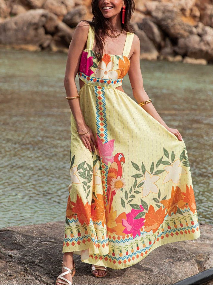 Bow Back Parrot Floral Maxi Sundress - Yellow - 4