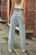 Butterfly Print Mid Rise Wide Leg Jeans - Light blue