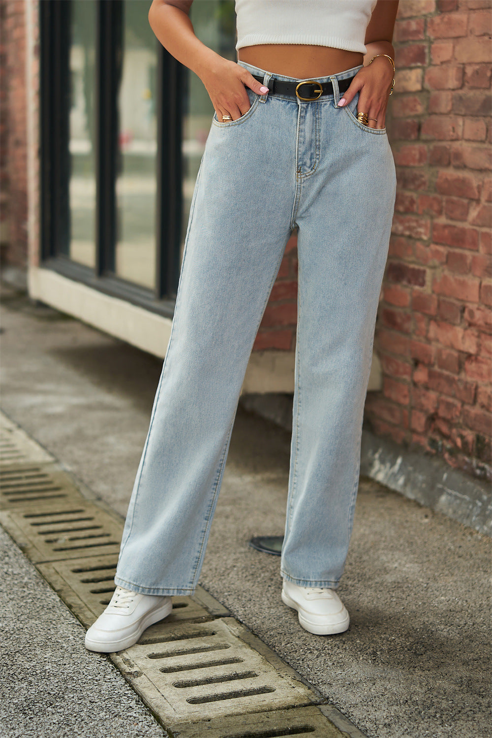 Butterfly Print Mid Rise Wide Leg Jeans - Light blue - 1