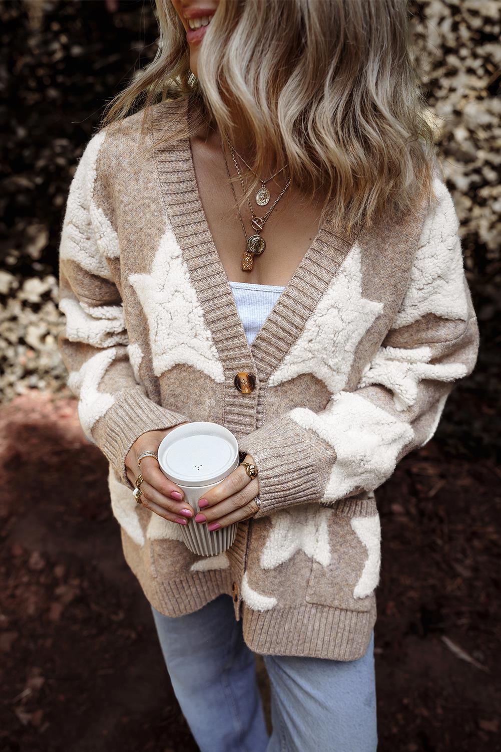 Star Patch Chunky Knit Button Cardigan - Khaki