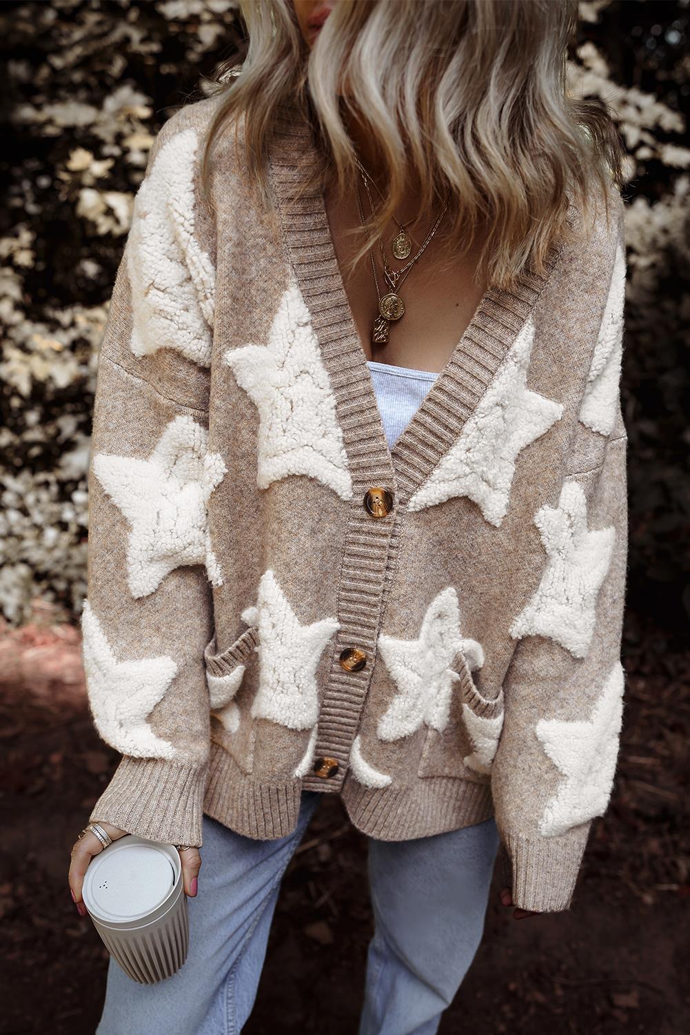 Star Patch Chunky Knit Button Cardigan - Khaki - 1