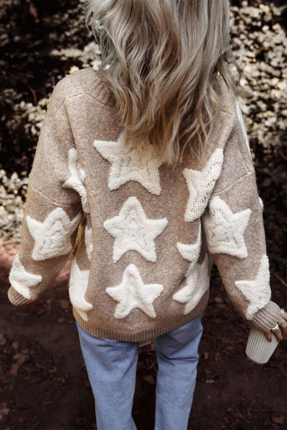 Star Patch Chunky Knit Button Cardigan - Khaki - 2