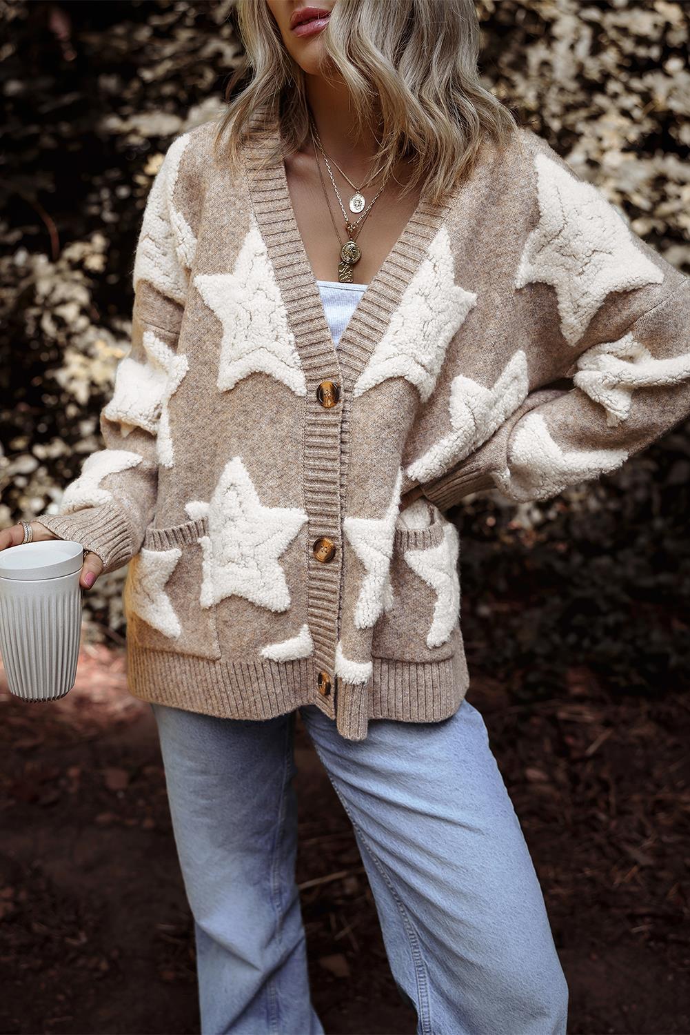 Star Patch Chunky Knit Button Cardigan - Khaki - 4
