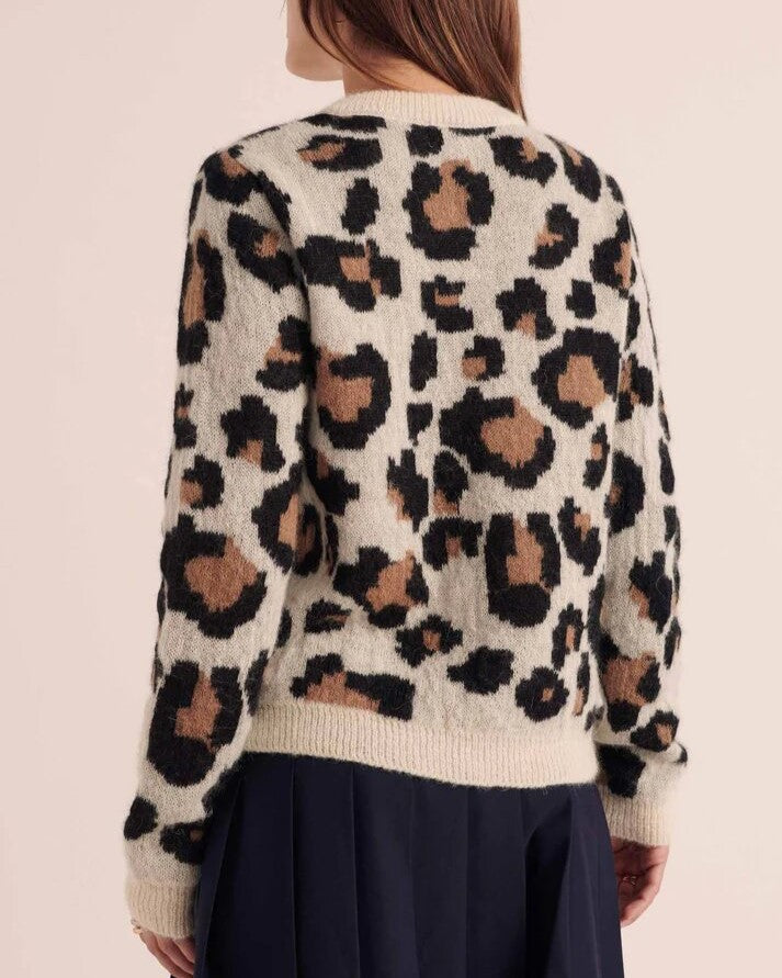 Leopard Knit Contrast Sleeve Cardigan - Apricot - 2